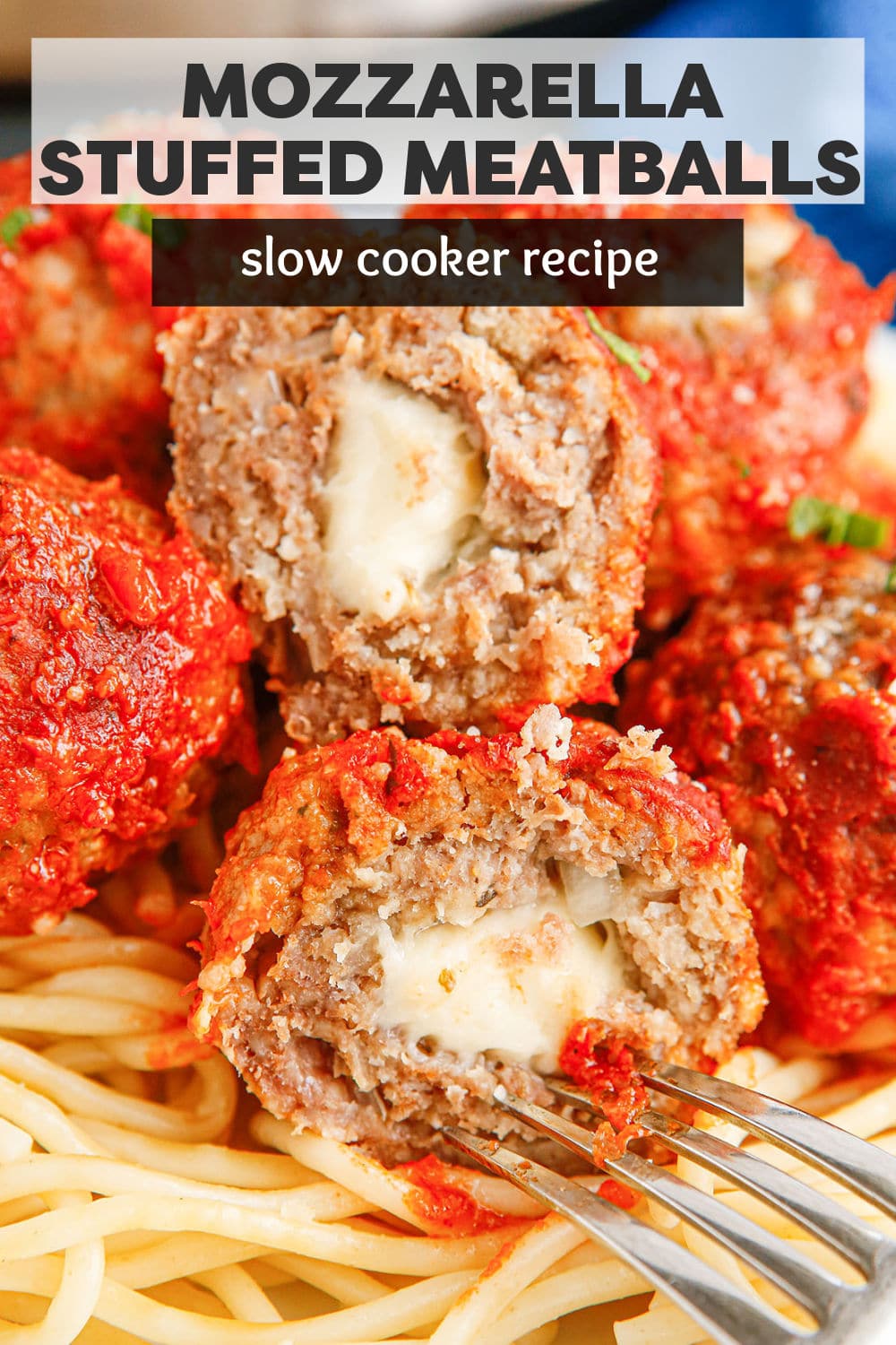 Easy and flavorful Slow Cooker Mozzarella Stuffed Meatballs are made with lean ground beef or turkey and stuffed with cheese. Served over zoodles, or your favorite noodle, this is a healthy and delicious recipe made right in your crockpot! | www.persnicketyplates.com