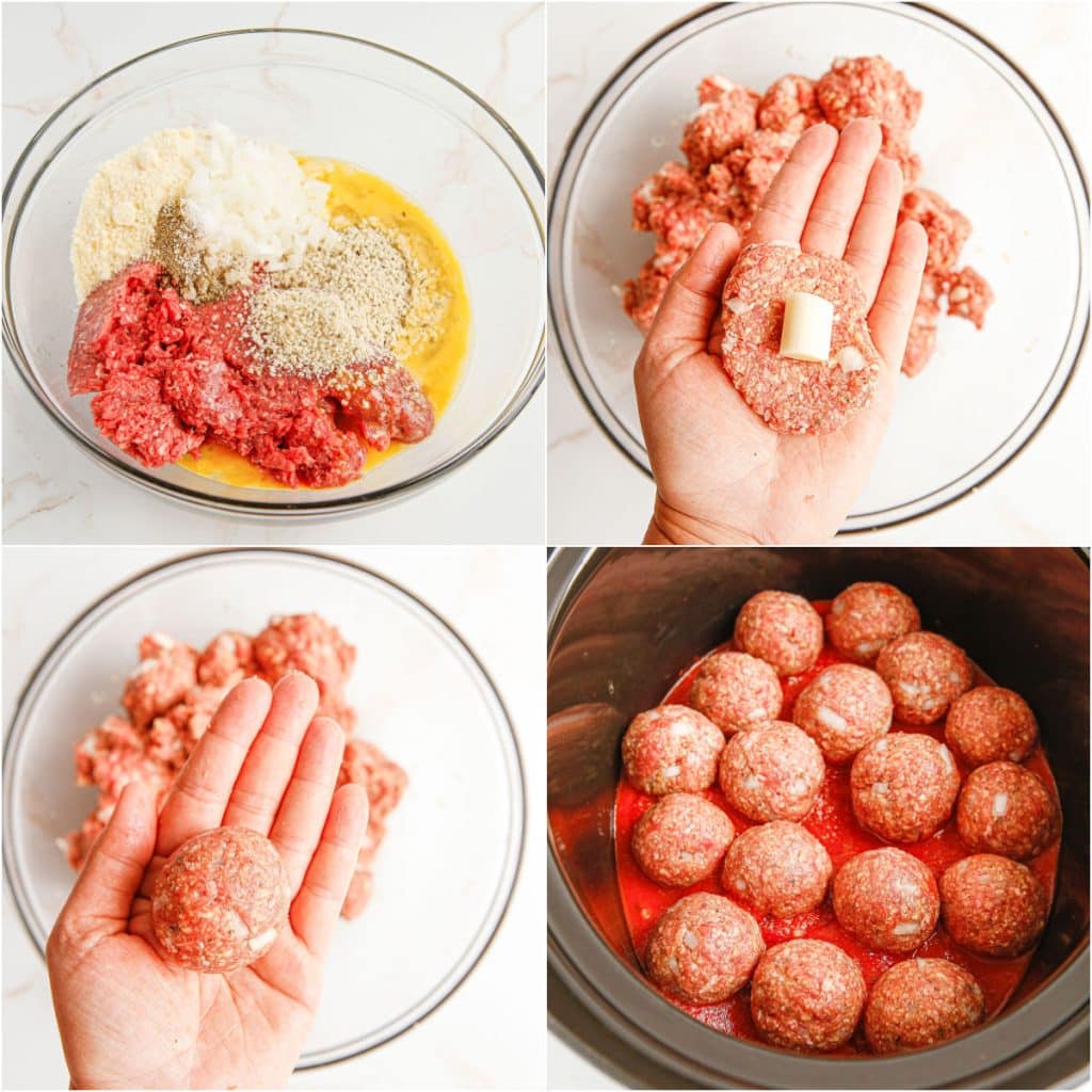 collage of 4 photos showing the process of making homemade cheese stuffed meatballs in a slow cooker.