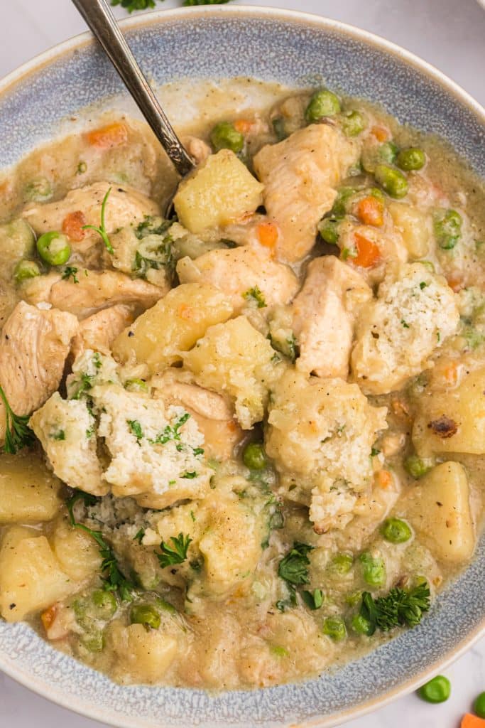 bowl of chicken and dumplings with a spoon in it.