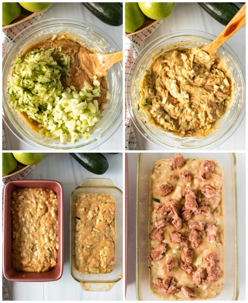 collage of quick bread batter in mixing bowl & loaf pan