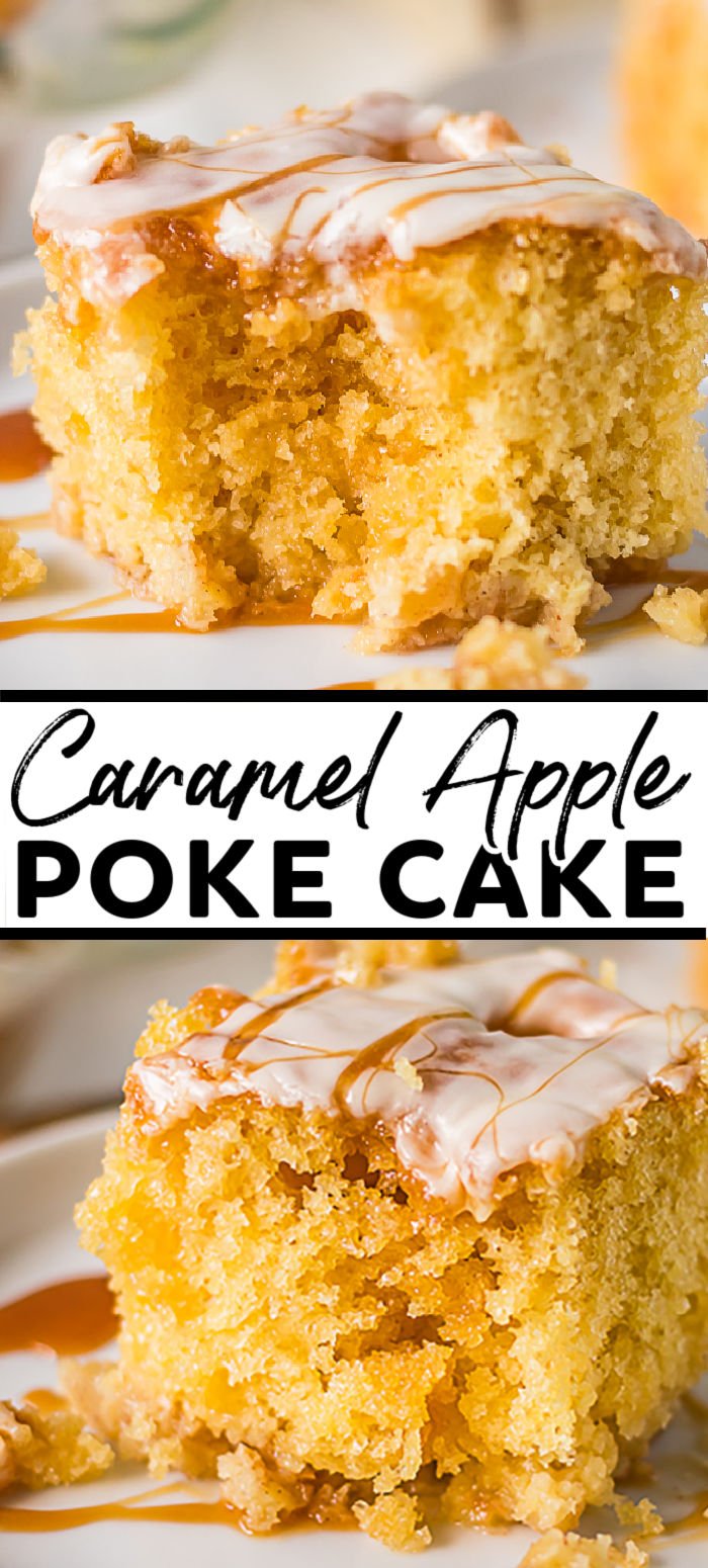 This Caramel Apple Poke Cake is full of apples, cinnamon, and caramel making it the perfect fall dessert. It's so easy to make, it will be your new favorite cake! | www.persnicketyplates.com