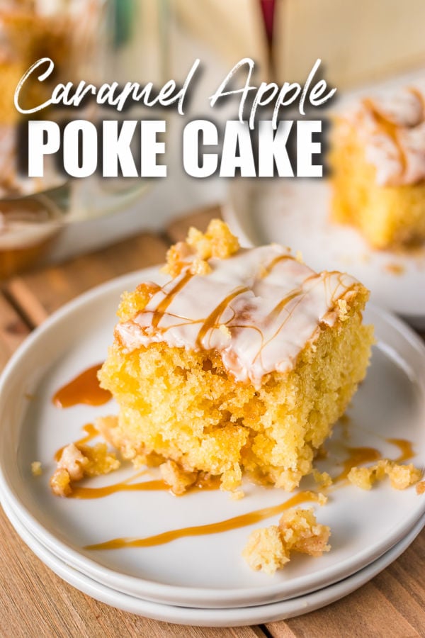 slice of caramel apple cake with text title overlay