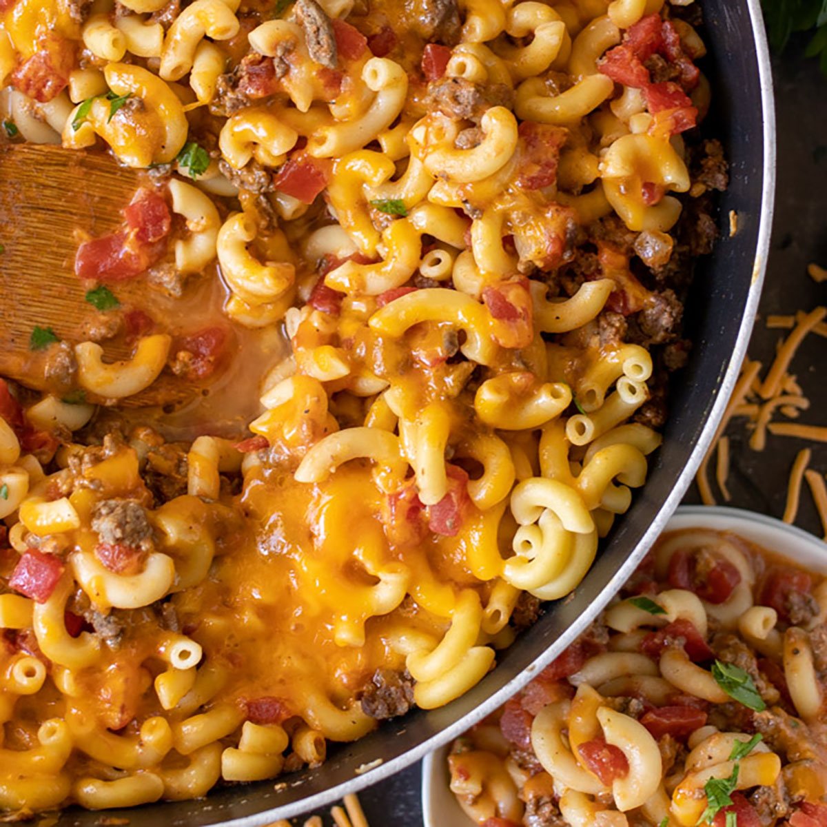 overhead shot of skillet filled with cheeseburger pasta