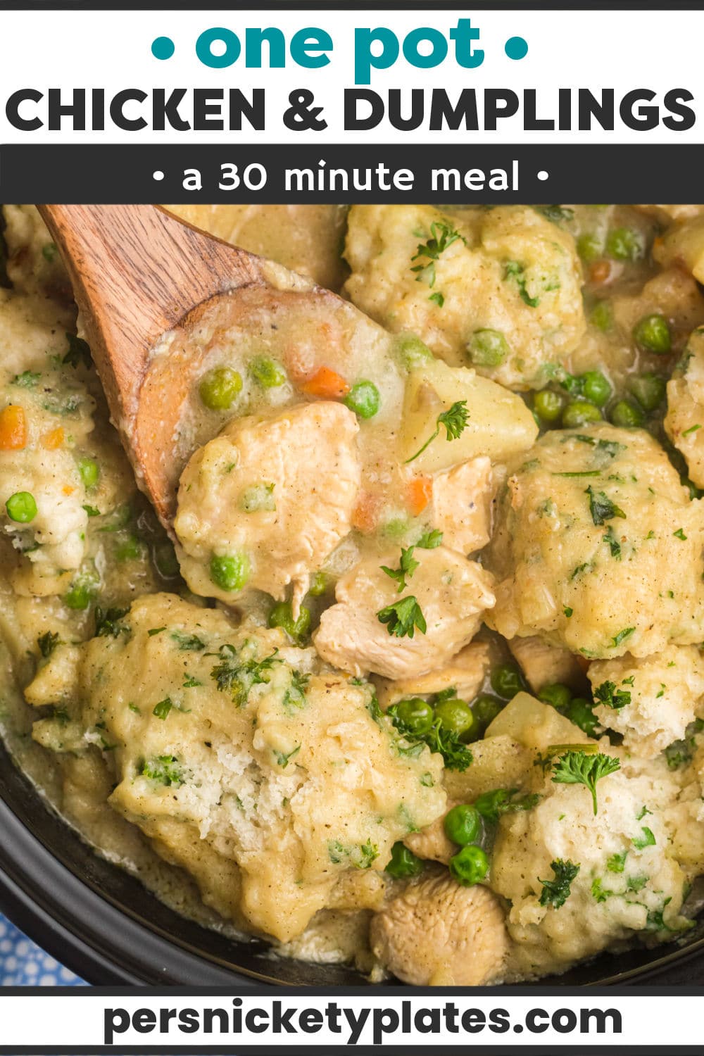 Easy Chicken & Dumplings is my favorite comforting meal. This vintage recipe is filled with flavorful chicken, veggies, and dumplings that you would never guess only takes 30 minutes and one pot to prepare! | www.persnicketyplates.com