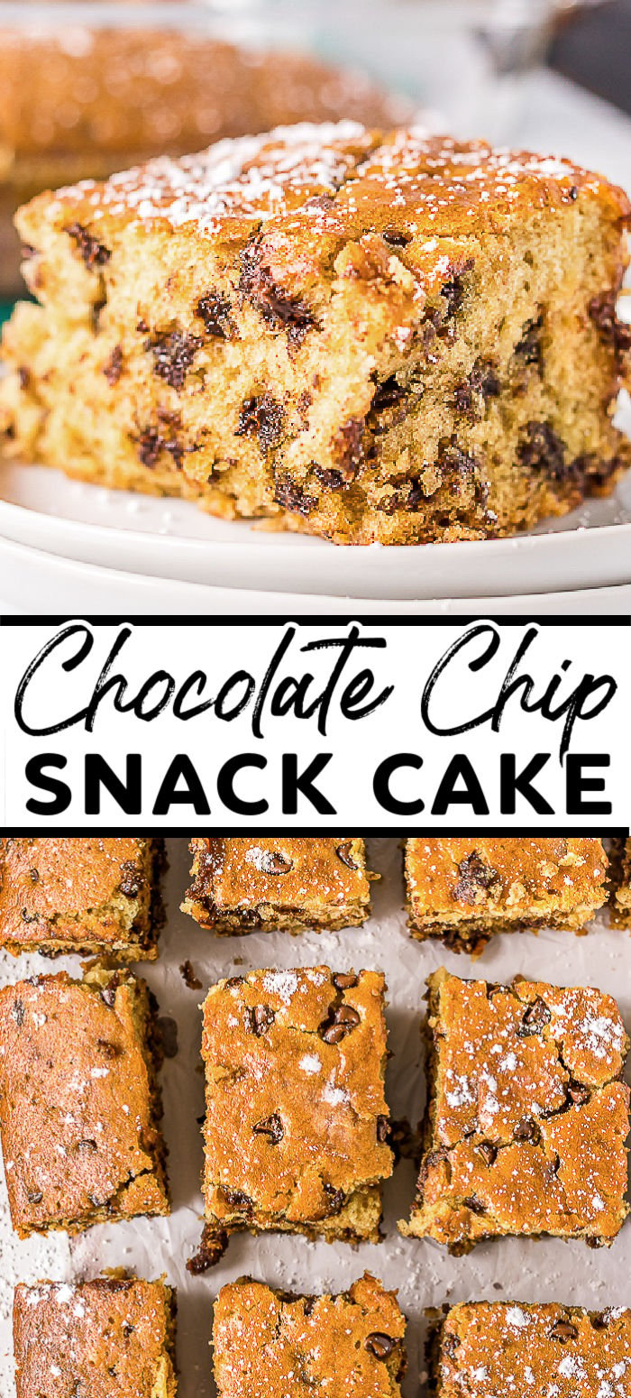 Classic Chocolate Chip Snack Cake is so good and SO EASY. Easy enough for kids to help with and quick enough to make as an after school snack. | www.persnicketyplates.com