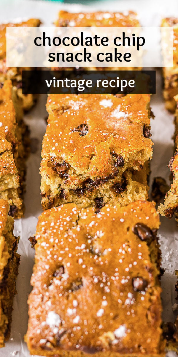 Classic Chocolate Chip Snack Cake is so good and SO EASY. Easy enough for kids to help with and quick enough to make as an after school snack. | www.persnicketyplates.com