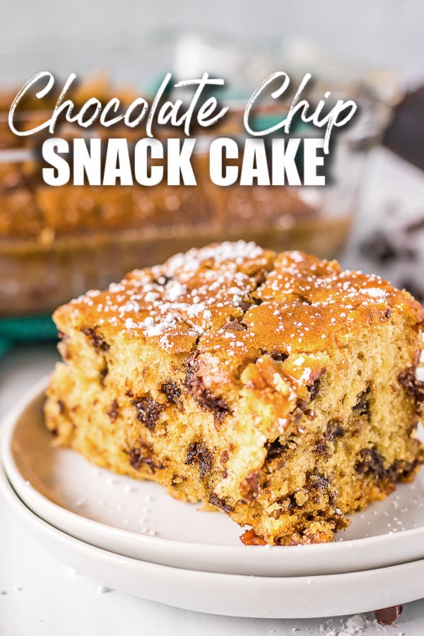 slice of chocolate chip snack cake on white plate with text overlay