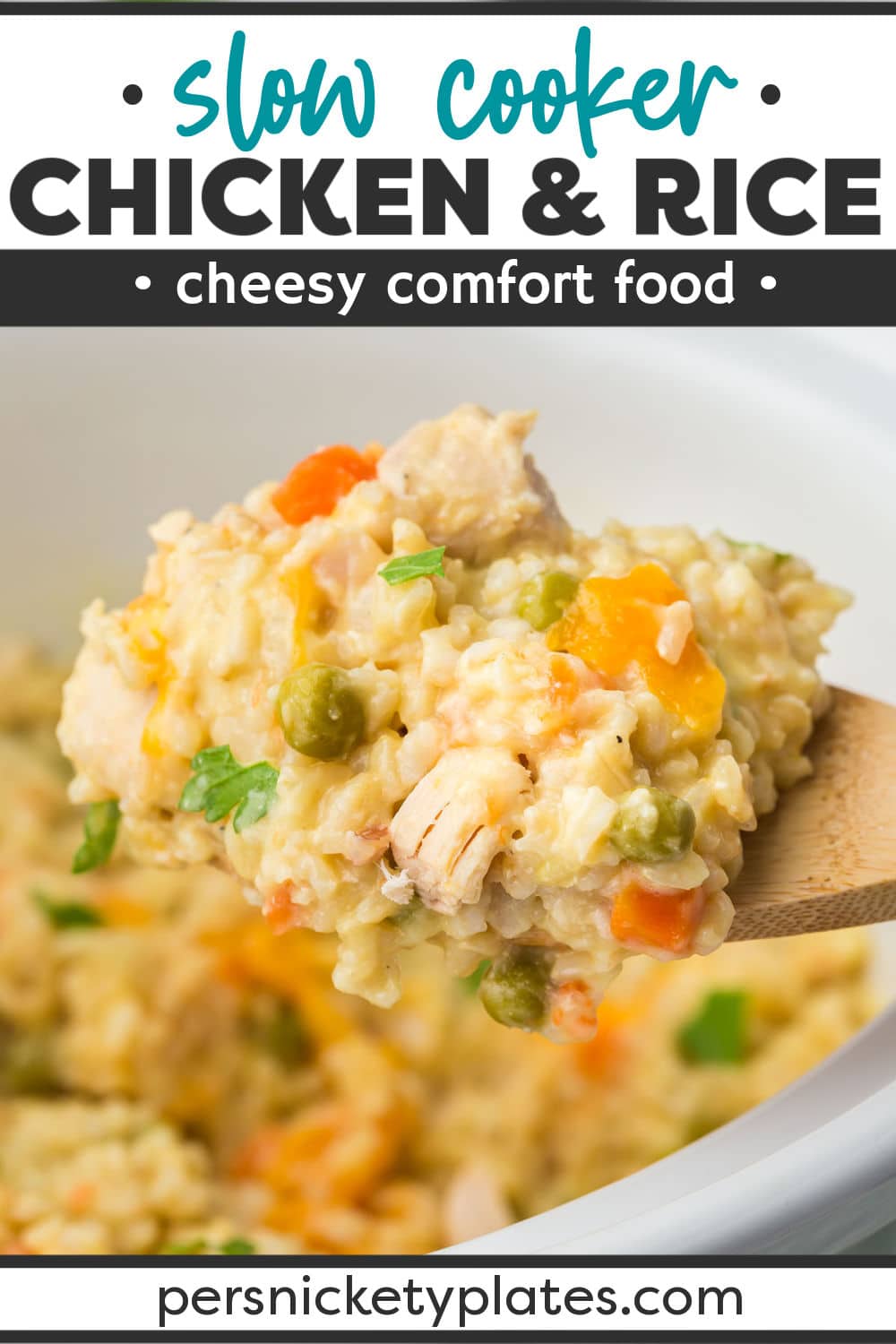Slow Cooker Chicken & Rice is a classic dinner idea for the whole family made right in your crockpot. Creamy rice mixed with tender chicken and veggies makes an easy meal that is sure to be a hit. | www.persnicketyplates.com