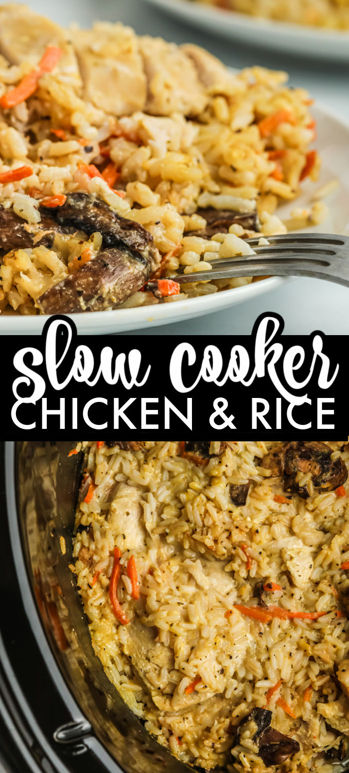 Get dinner on the table with this easy crock pot chicken and rice! Only 10 minutes of prep and such delicious flavor everyone will love. | www.persnicketyplates.com #easyrecipes #crockpotrecipes #dinnerrecipes
