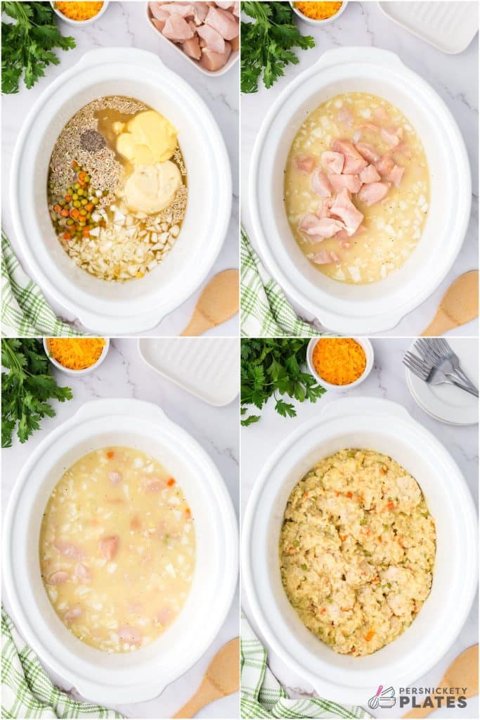 collage of 4 photos showing the process of making chicken and rice in the slow cooker.
