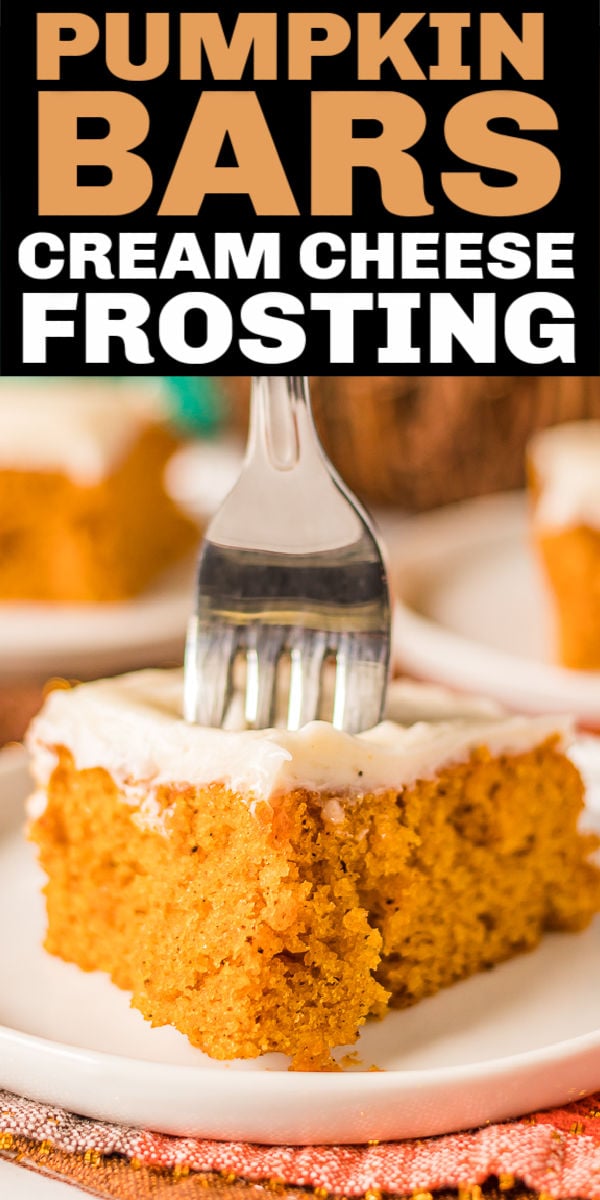 Pumpkin Bars with Cream Cheese Frosting is such a classic, easy recipe! From scratch, moist pumpkin bars are the perfect fall treat and simple enough that anyone can make them. | www.persnicketyplates.com