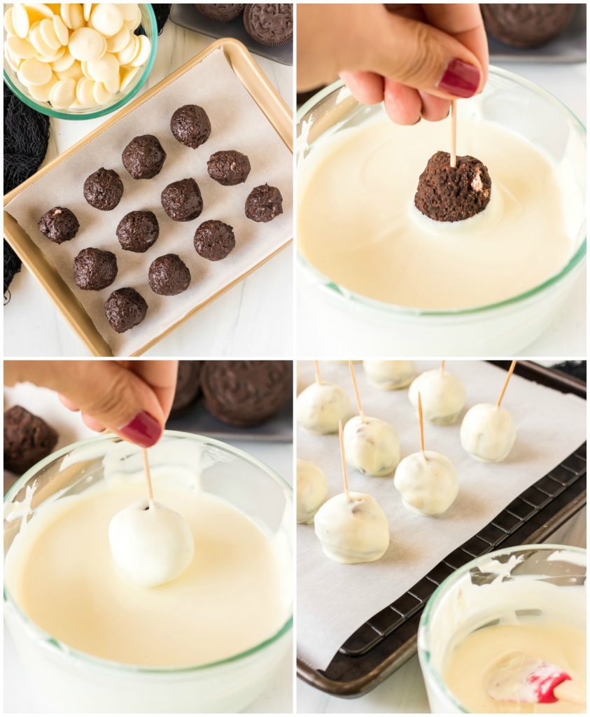 collage of dipping oreo balls into white chocolate