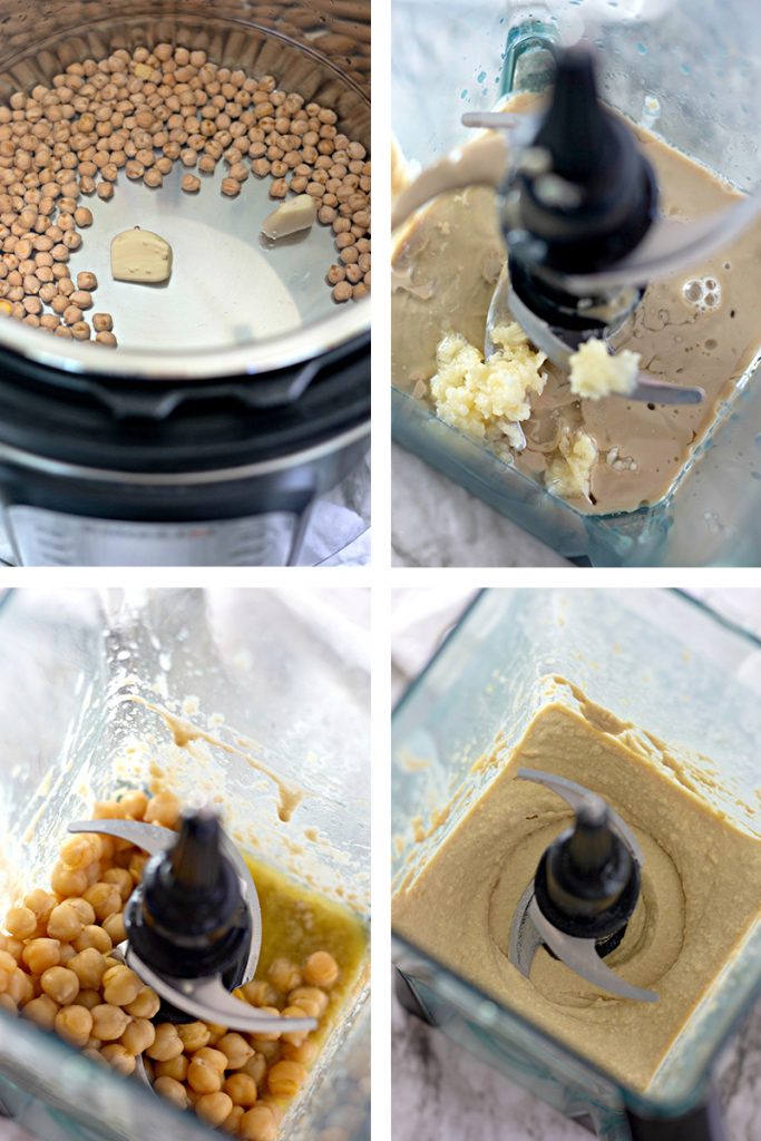 collage of the process of making instant pot hummus in instant pot & blender