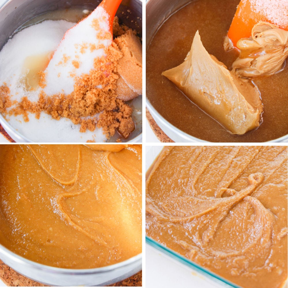 collage of pot stirring in sugar making fudge