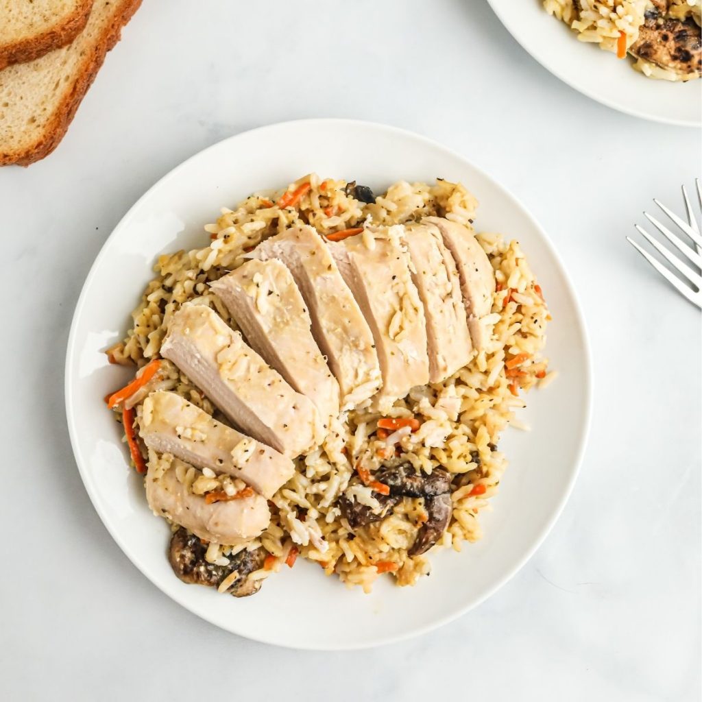 overhead of plated slow cooker chicken and rice recipe