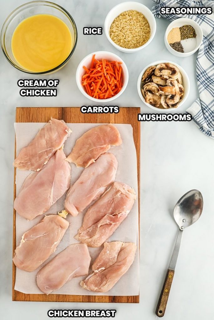 ingredients laid out on a table with labels indicating cream of chicken, carrots, rice, mushrooms, seasonings, and chicken breast