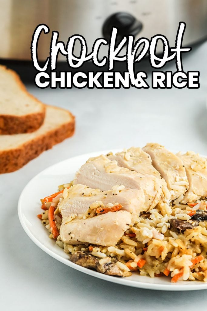 plated chicken and rice recipe closeup with text that reads crockpot chicken & rice