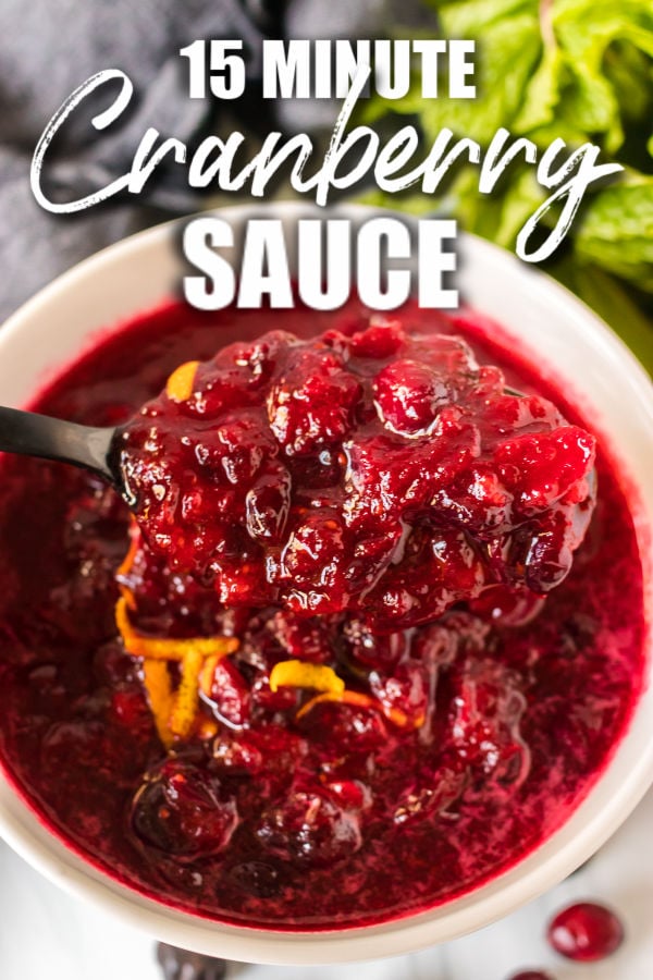 scoop of cranberry sauce with title text overlay