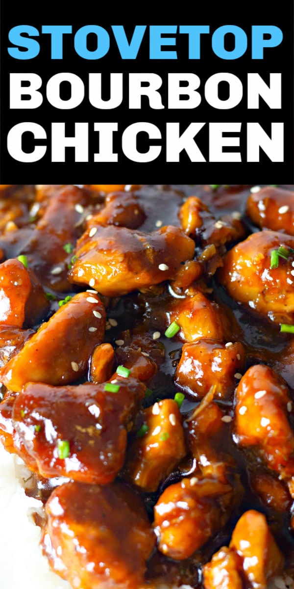 Easy bourbon chicken made on the stovetop, in one pot, is sweet, sticky and perfect over a bed of rice. Like the mall but better! | www.persnicketyplates.com