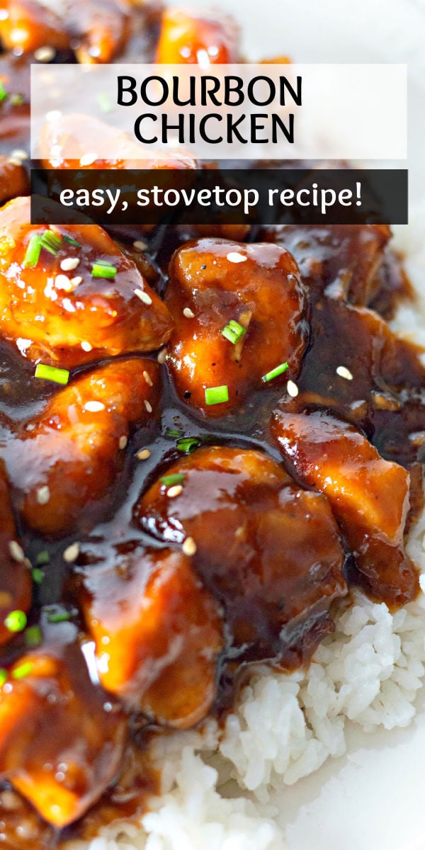 Easy bourbon chicken made on the stovetop, in one pot, is sweet, sticky and perfect over a bed of rice. Like the mall but better! | www.persnicketyplates.com