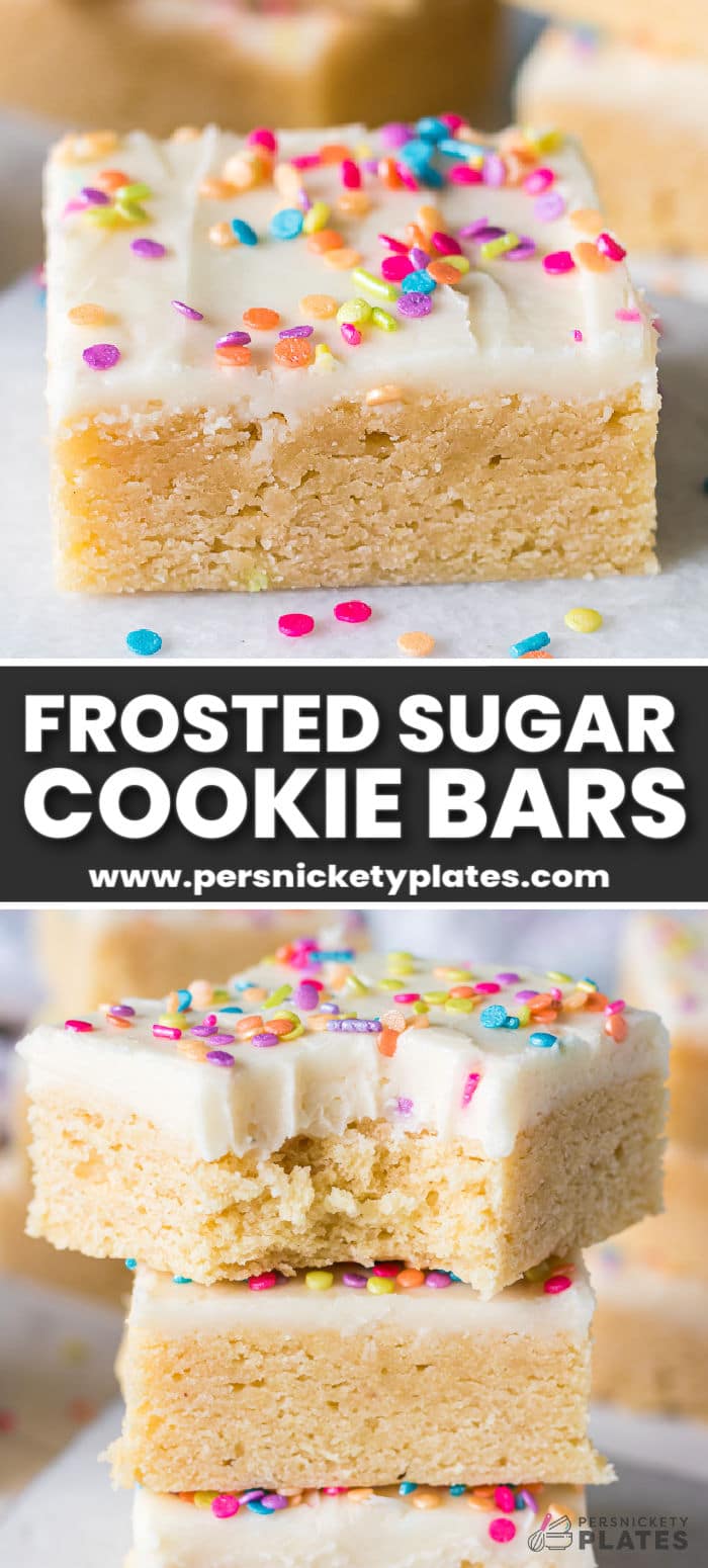 Easy frosted sugar cookie bars are made from scratch and so much easier than traditional cut-out sugar cookies! These handheld bars are soft, perfectly sweet, easy to serve, and simple to customize with colorful sprinkles. | www.persnicketyplates.com