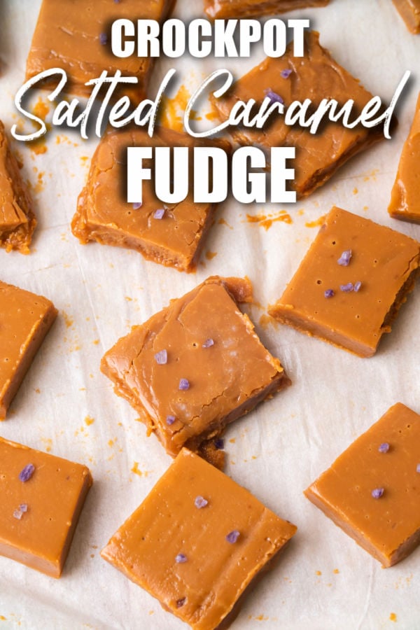 Looking for an easy Christmas candy recipe? This salted caramel fudge is made with just FOUR ingredients right in your slow cooker. Perfect for holiday parties, gift giving, or enjoying by yourself. #holidayrecipes #candyrecipes #fudgerecipe