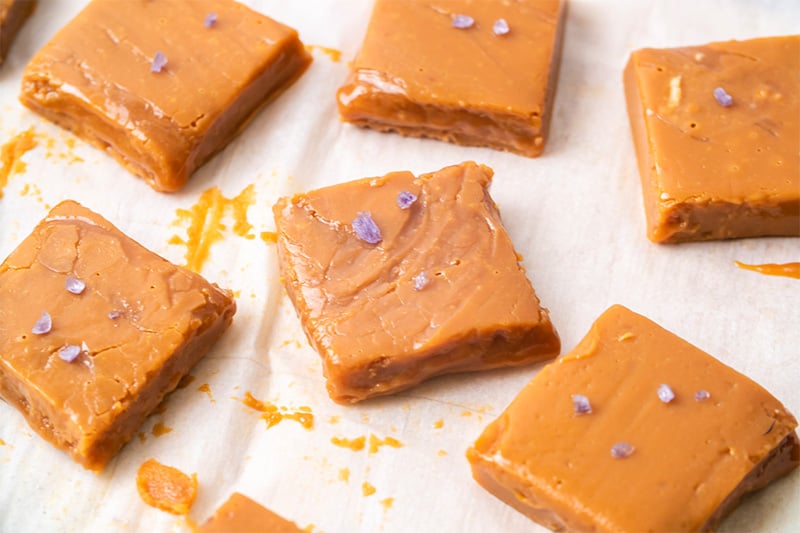 salted caramel fudge squares laid out