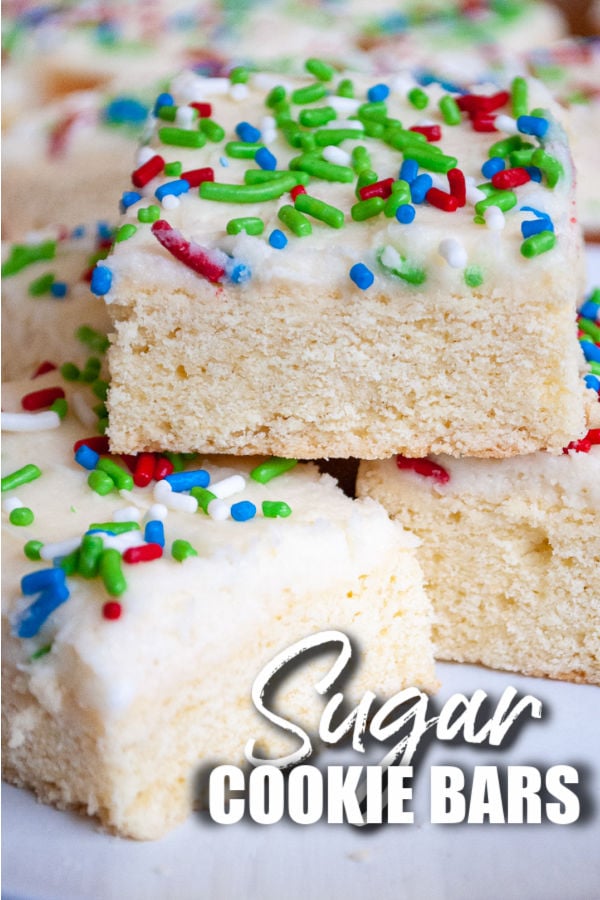 stack of sugar cookie bars with colorful sprinkles and text overlay