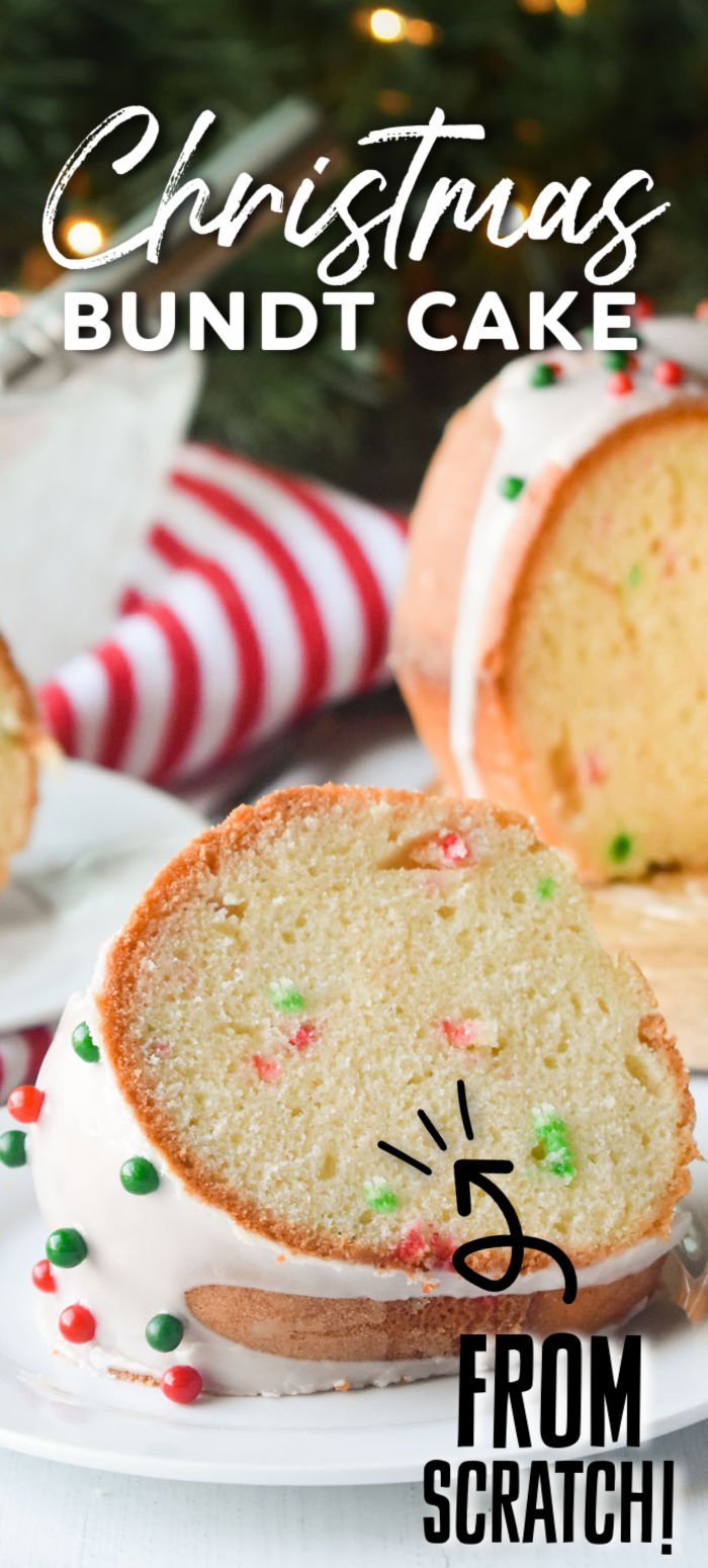 This Christmas Bundt Cake is easy, made from scratch, and festive. A simple icing and sprinkles dress it up for the holiday. | www.persnicketyplates.com