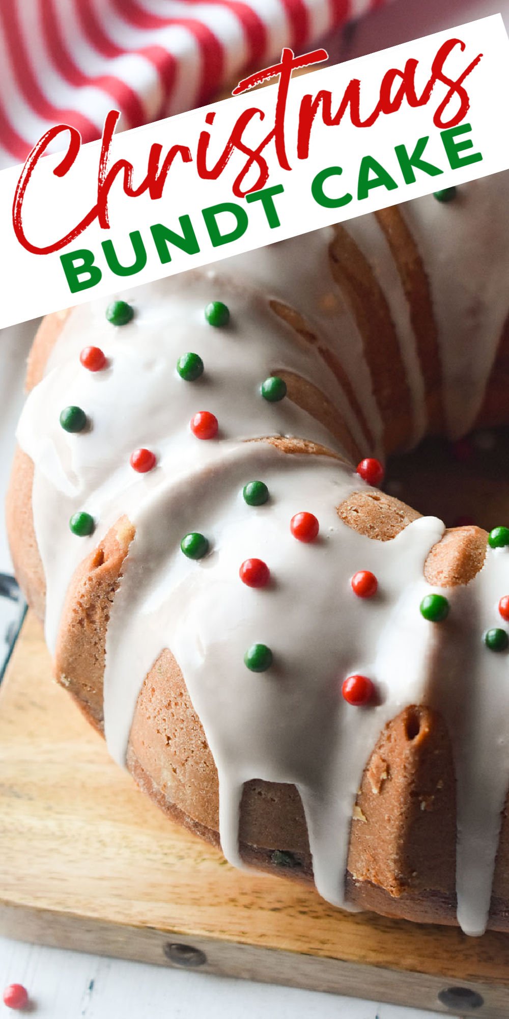 This Christmas Bundt Cake is easy, made from scratch, and festive. A simple icing and sprinkles dress it up for the holiday. | www.persnicketyplates.com