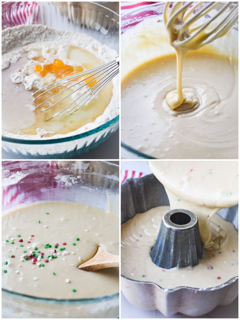 collage of process shots of cake batter in mixing bowl making a bundt cake