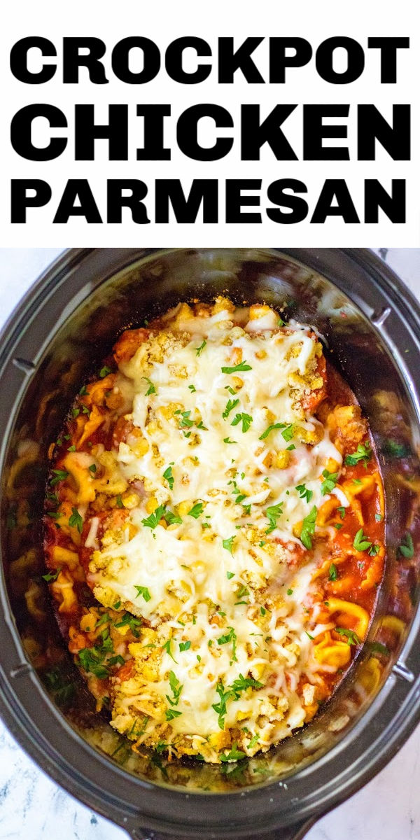 Quick & easy chicken parmesan made right in the crockpot! Pair it with tortellini pasta for a delicious easy weeknight dinner. | www.persnicketyplates.com