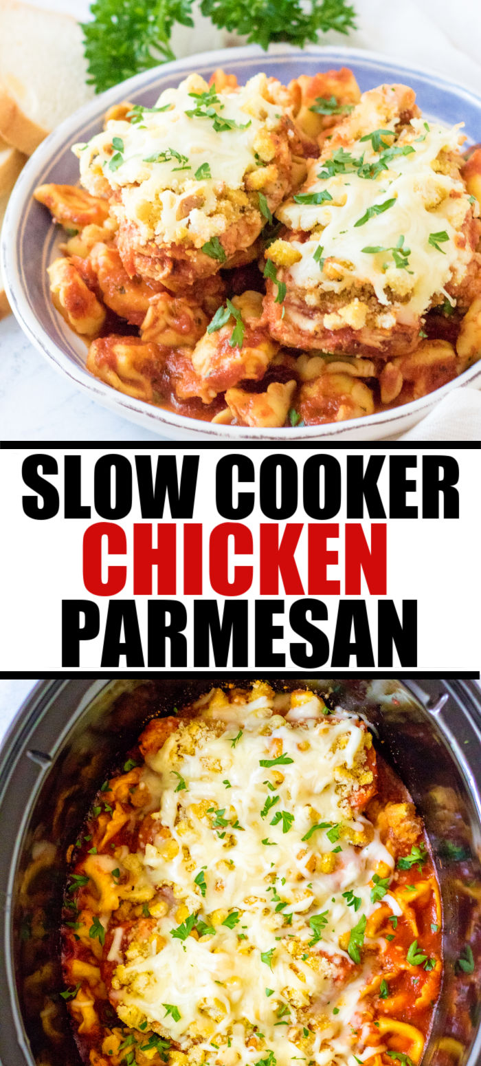 Quick & easy chicken parmesan made right in the crockpot! Pair it with tortellini pasta for a delicious easy weeknight dinner. | www.persnicketyplates.com