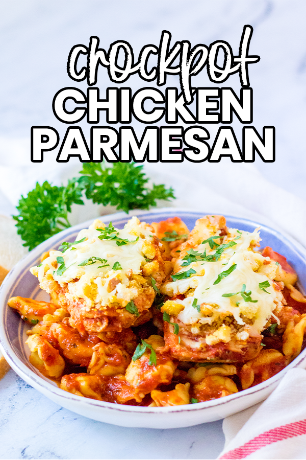 Quick & easy chicken parmesan made right in the crockpot! Pair it with tortellini pasta for a delicious easy weeknight dinner.