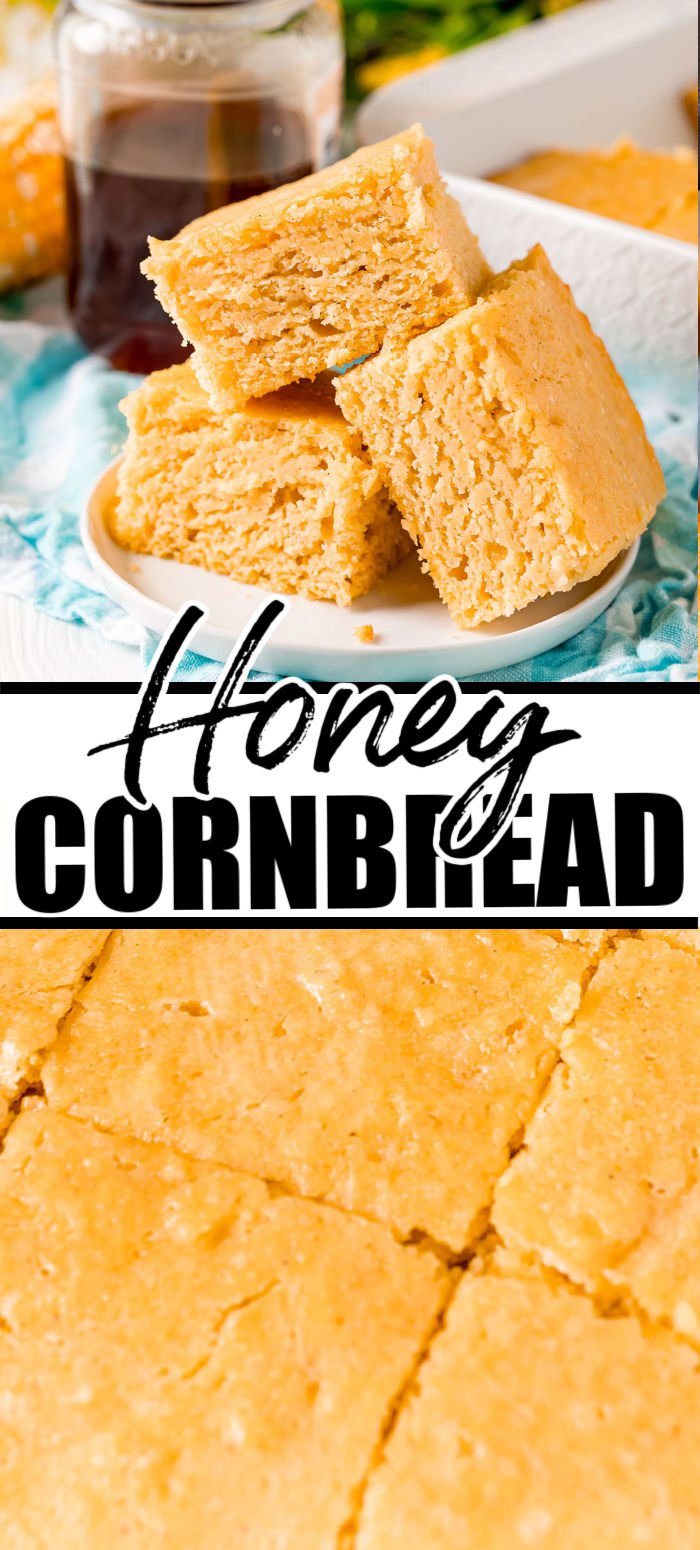 This easy homemade Honey Cornbread recipe is sweet and moist from the honey with a salted butter top for balance. This side dish is great for Thanksgiving or a BBQ! | www.persnicketyplates.com