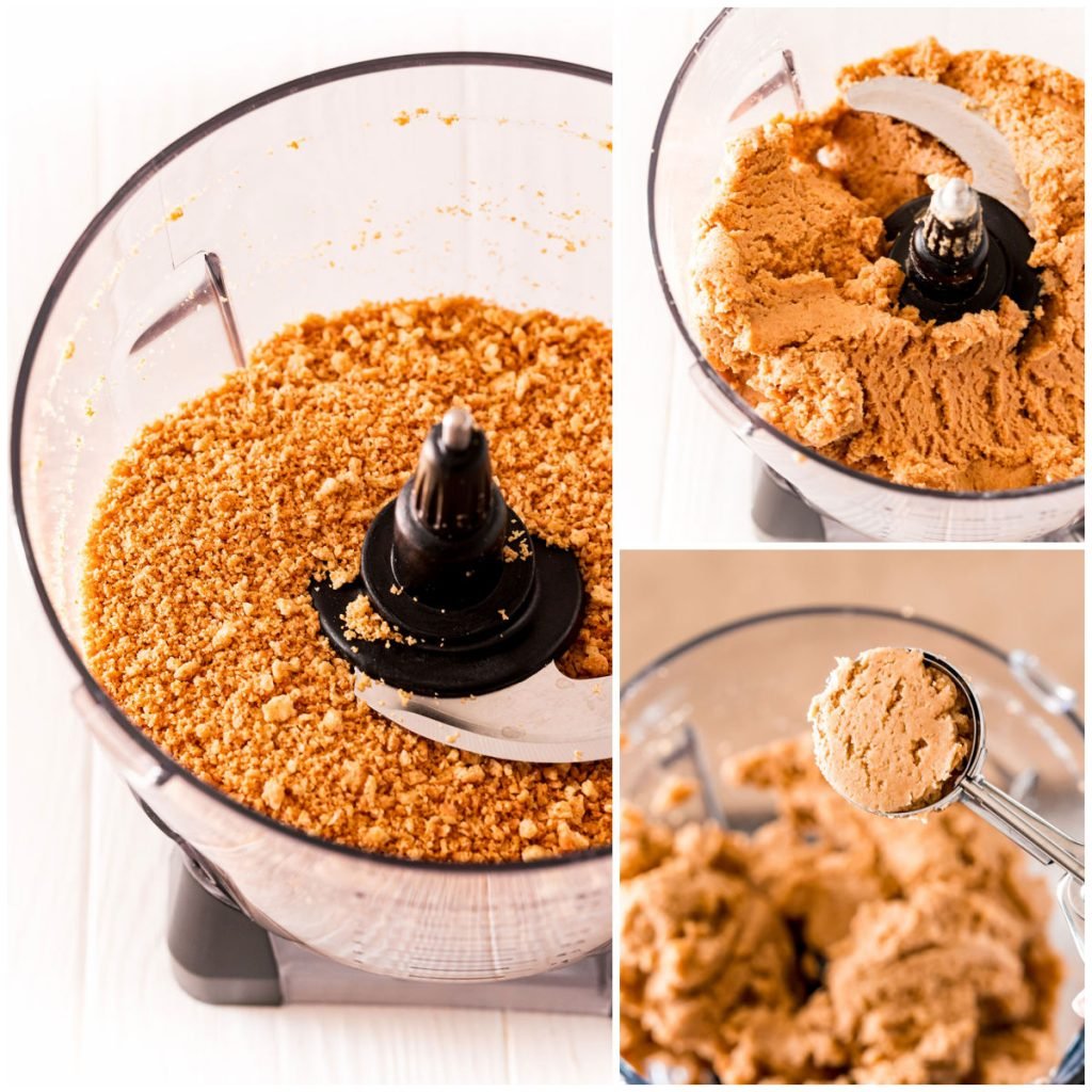collage of crushing cookies in a food processor