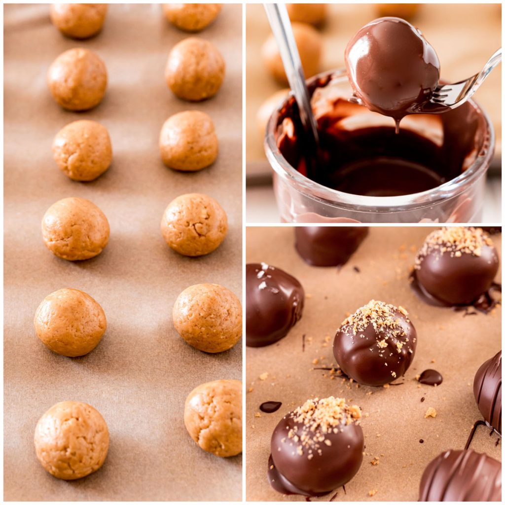collage of dipping cookie balls into melted chocolate
