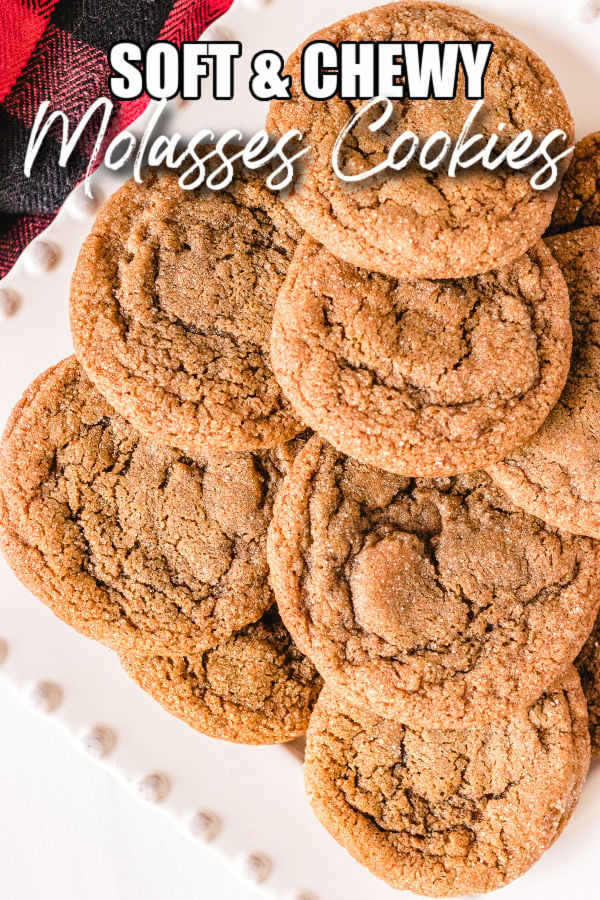 plate of molasses cookies with text reading molasses cookies