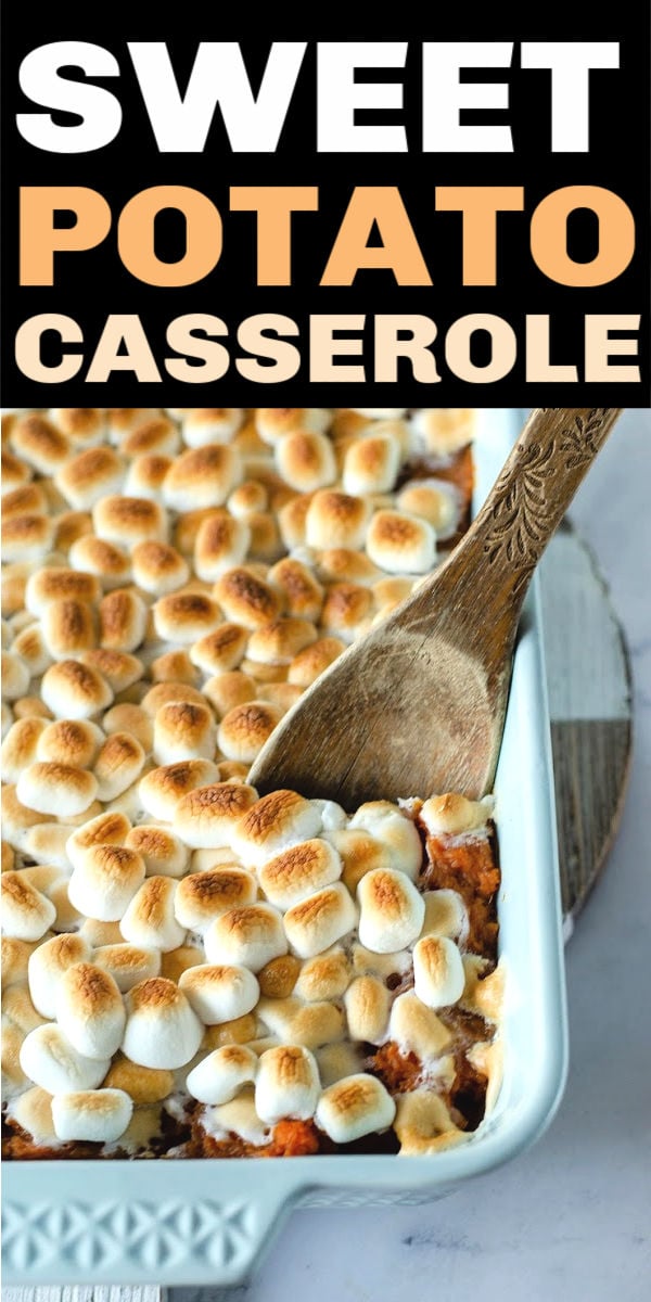 Traditional Sweet Potato Casserole topped with marshmallows is a staple on any holiday dinner table. There are only six ingredients in this easy and classic side dish. | www.persnicketyplates.com #thanksgiving #sidedish #sweetpotatocasserole