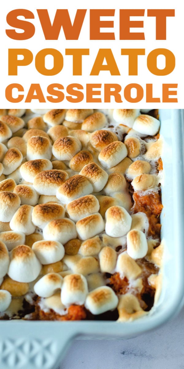 Traditional Sweet Potato Casserole topped with marshmallows is a staple on any holiday dinner table. There are only six ingredients in this easy and classic side dish. | www.persnicketyplates.com #thanksgiving #sidedish #sweetpotatocasserole 
