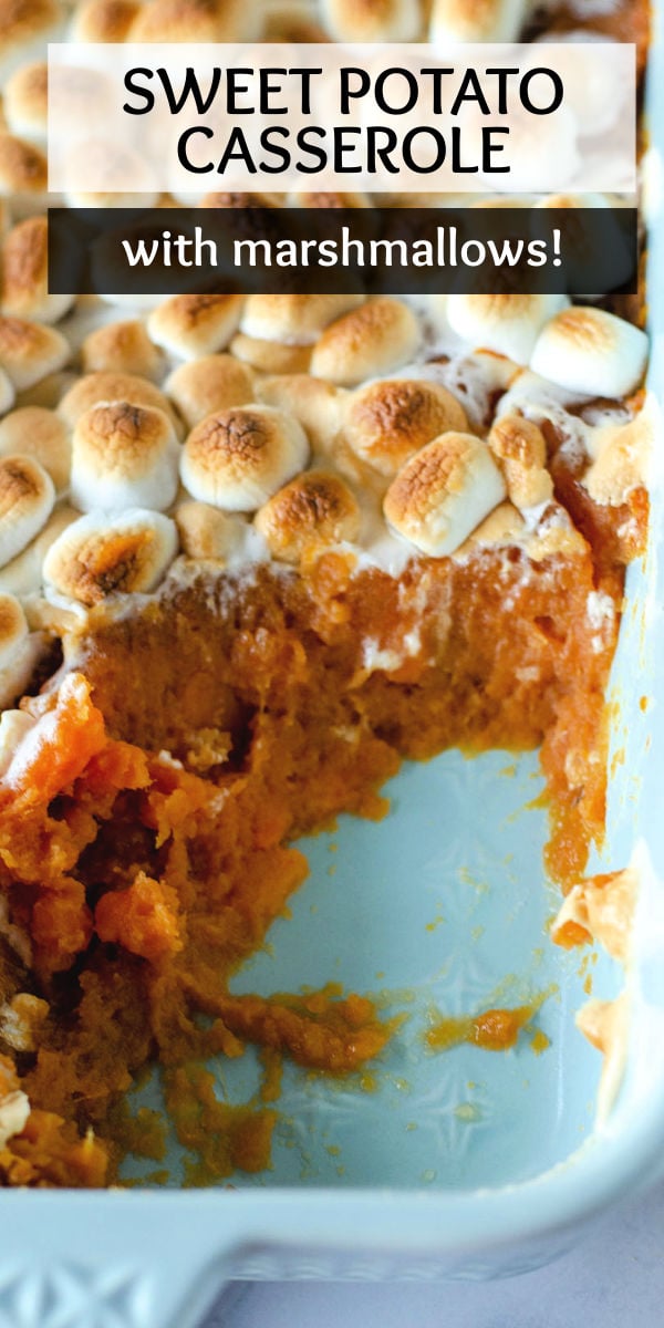 Traditional Sweet Potato Casserole topped with marshmallows is a staple on any holiday dinner table. There are only six ingredients in this easy and classic side dish. | www.persnicketyplates.com #thanksgiving #sidedish #sweetpotatocasserole 