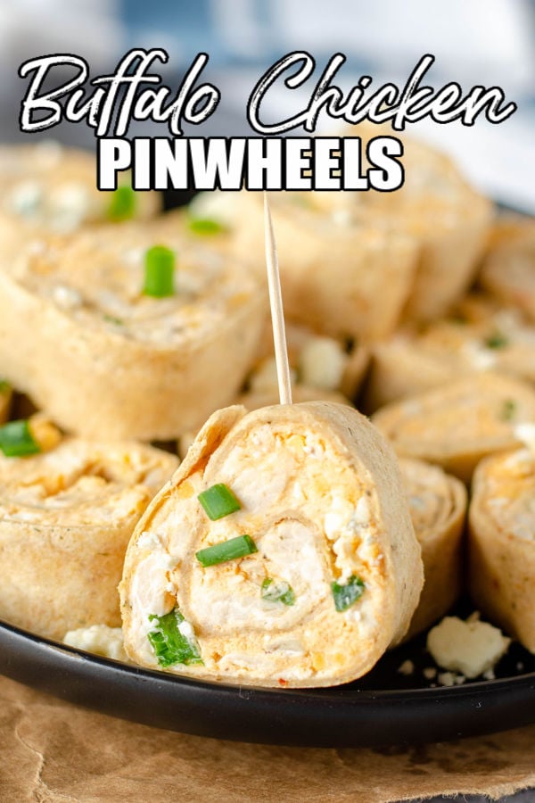 plate of rollups with text overlay "buffalo chicken pinwheels"