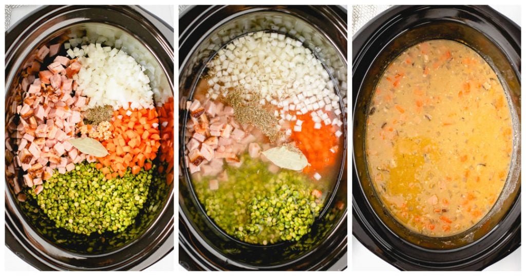 collage of slow cooker filled with split pea soup ingredients