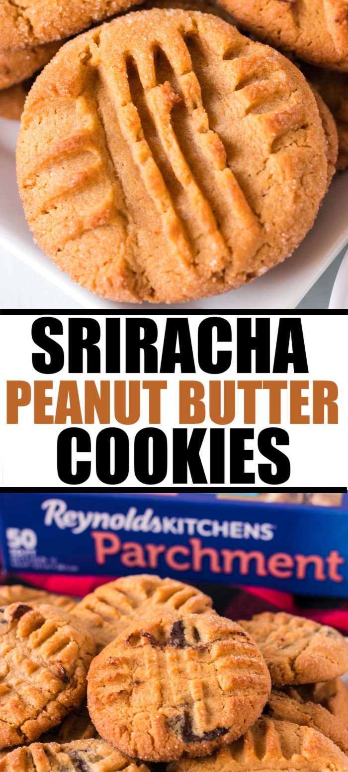 Sriracha Peanut Butter Chocolate Chip Cookies are a spicy twist on a classic cookie. These delicious sweet, salty and spicy cookies will leave taste testers slightly confused but coming back for more! | www.persnicketyplates.com