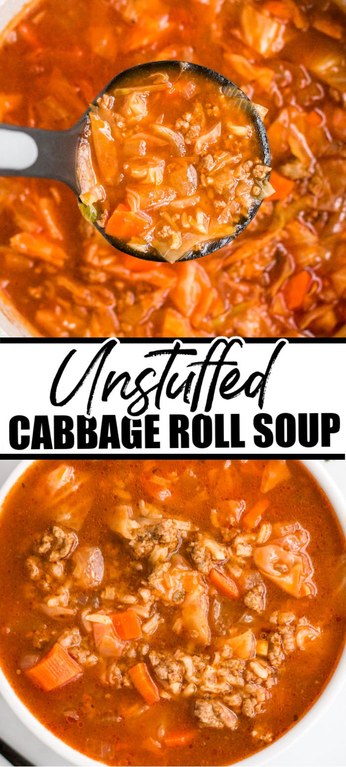 Easy Cabbage Roll Soup takes all the flavors you love from stuffed cabbage rolls but turns it into soup form! Full of flavor, filling, and simple, this unstuffed cabbage roll soup is sure to be a family favorite. | www.persnicketyplates.com #soup #cabbageroll #comfortfood #easyrecipe