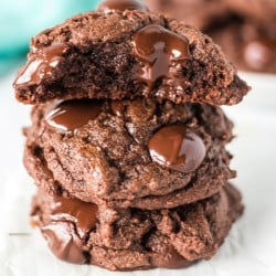 stack of double chocolate cookies with melted chocolate chips