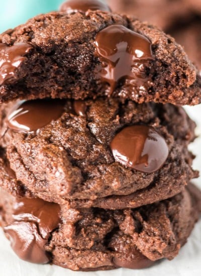 stack of double chocolate cookies with melted chocolate chips