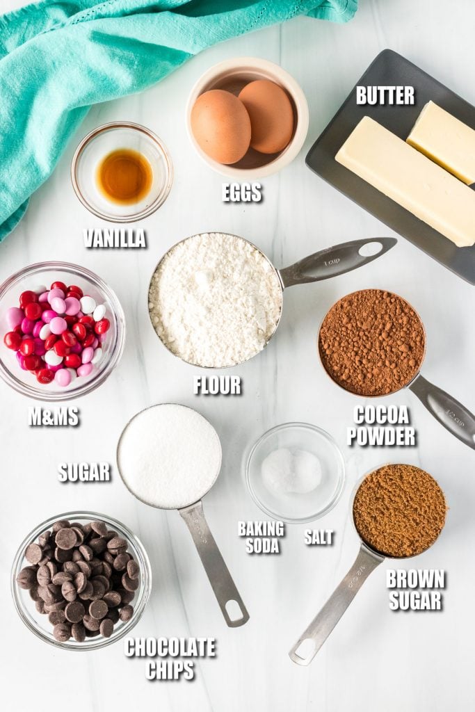 overhead shot of ingredients laid out to make chocolate cookies