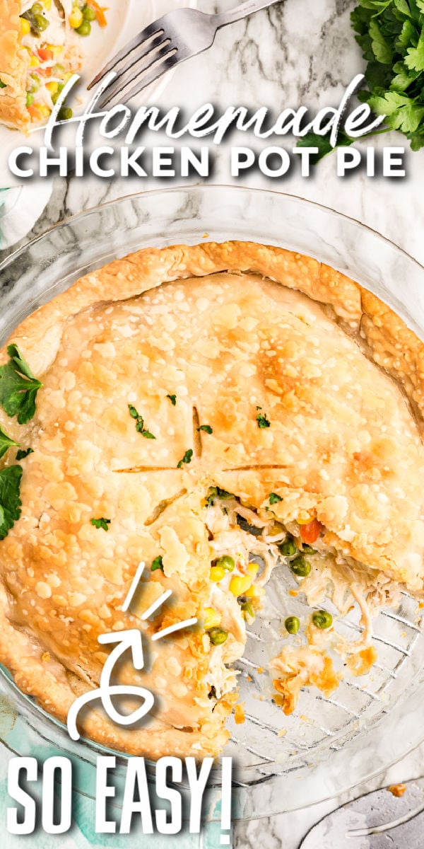Chicken Pot Pie is my idea of comfort food! Tender chicken, vegetables, and gravy, baked into a flaky pastry crust. This homemade, easy chicken pot pie recipe is a great way to use up leftover chicken, too! | www.persnicketyplates.com