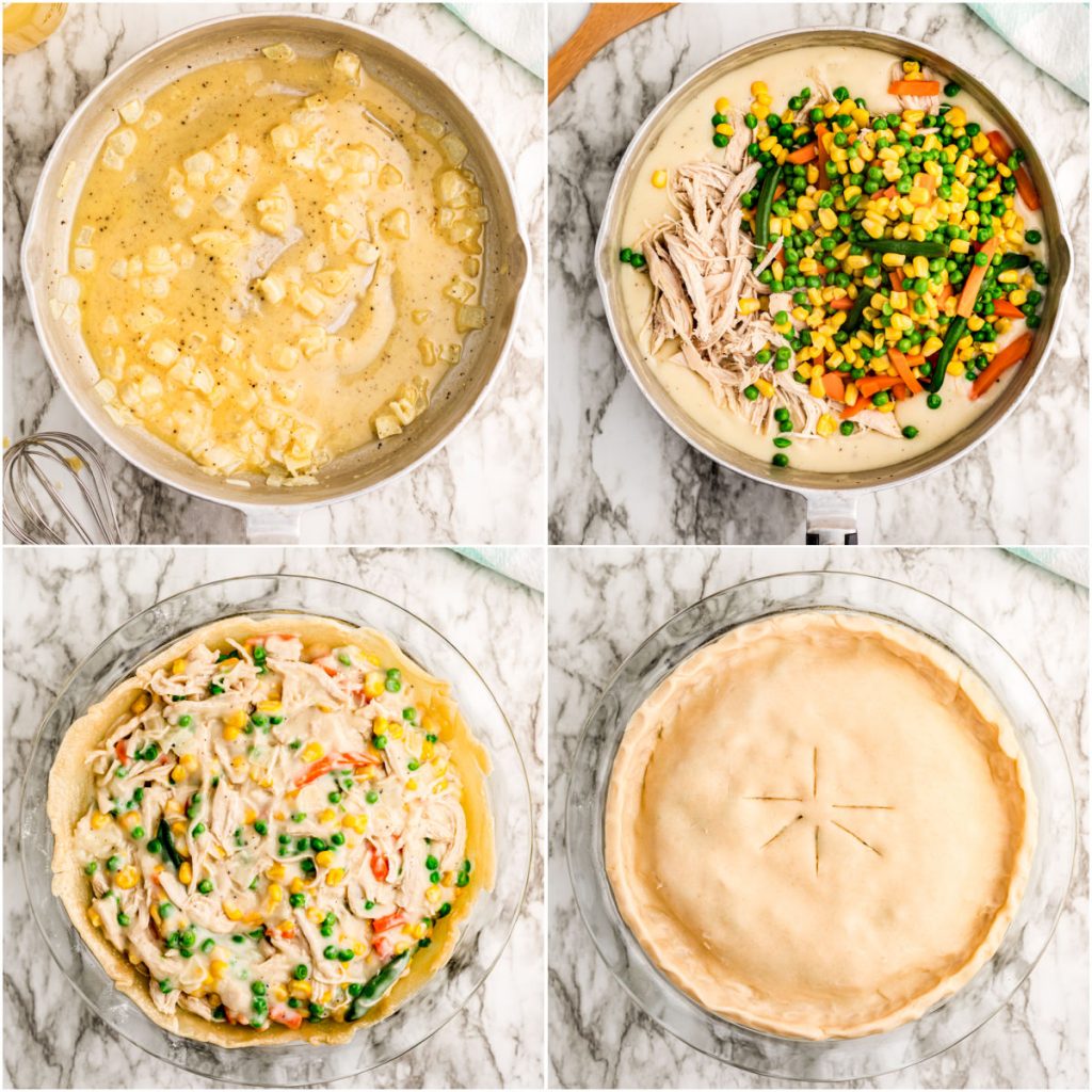collage of process shots making chicken pot pie filling and adding crust